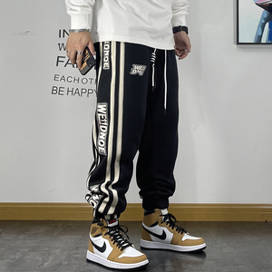男士潮流加绒卫裤青年百搭胶印条纹宽松抽绳束脚裤冬季加厚运动裤