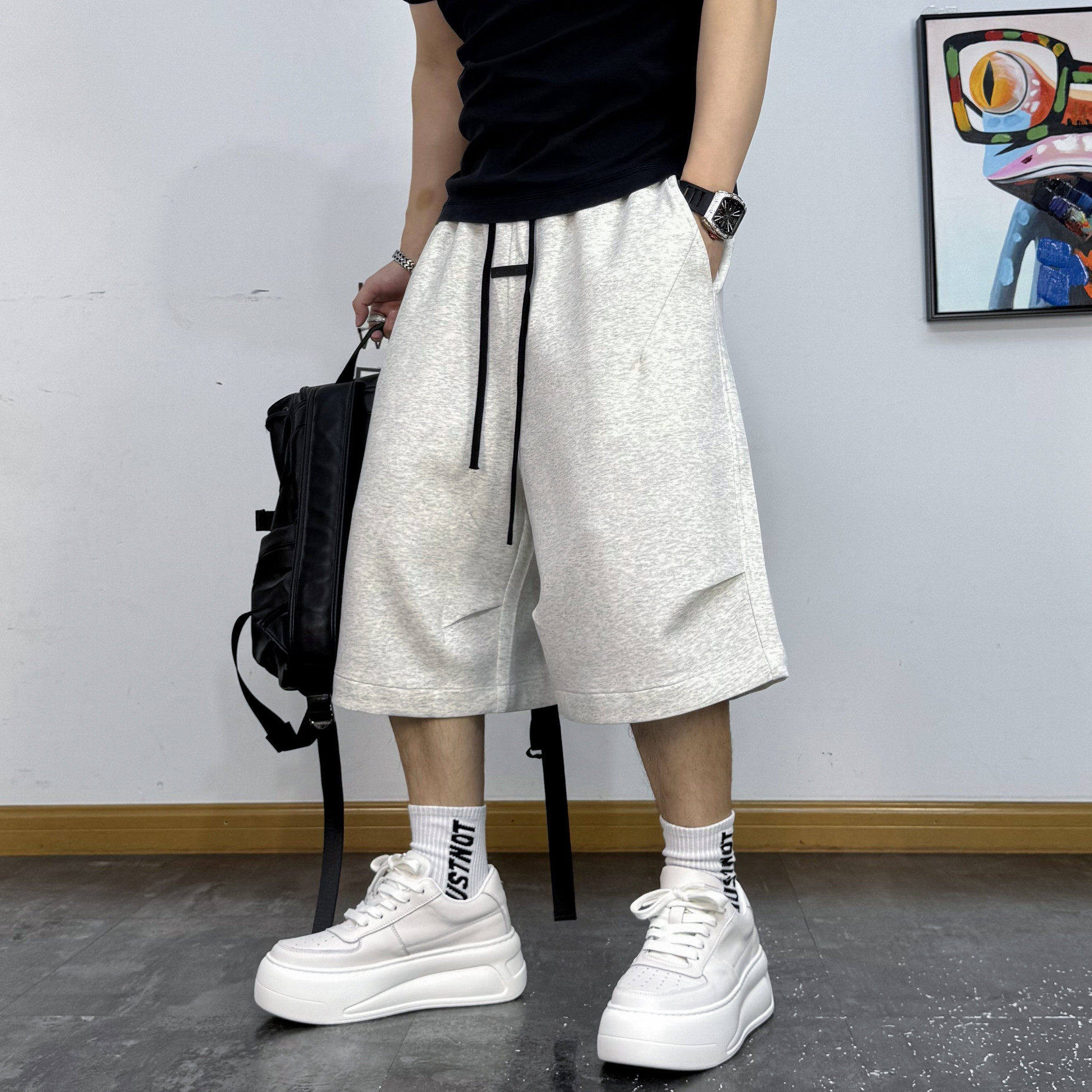 美式复古纯色做旧抽绳短裤男夏季新款高街痞帅宽松运动休闲六分裤