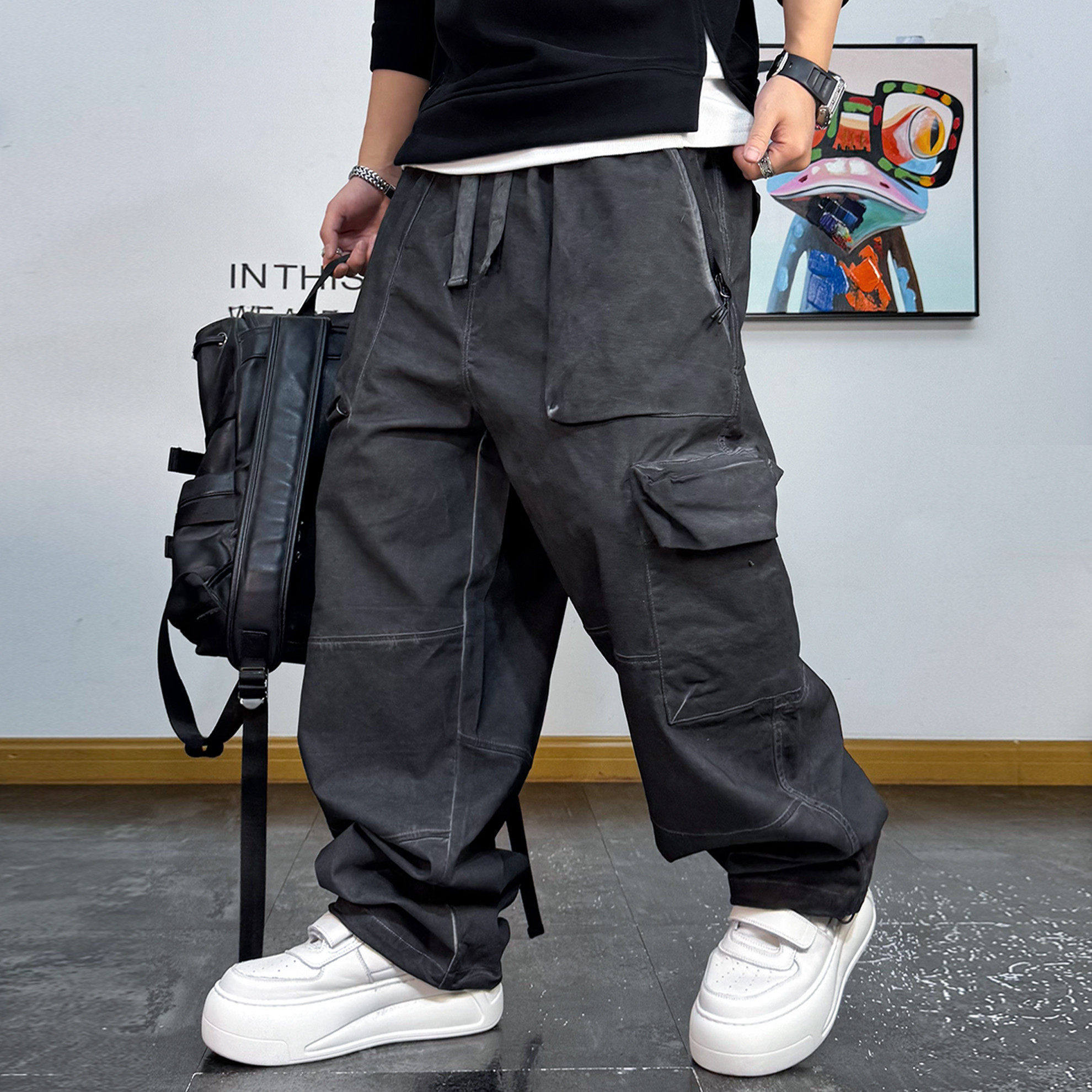潮牌青年痞帅多口袋工装裤复古做旧拉链装饰阔腿直筒休闲裤男春季,男装,休闲裤,淘宝优惠券,粉丝福利购,淘宝优惠卷