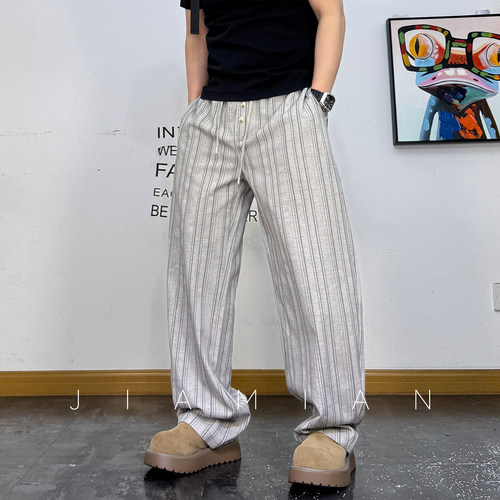 老钱风条纹亚麻垂感阔腿休闲裤男