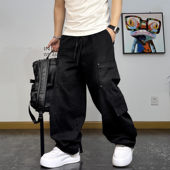 新款 裤 美式 饰水洗休闲裤 秋季 宽松阔腿直筒抽绳工装 复古口袋装 男士
