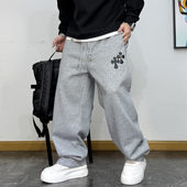 美式 宽松直筒加绒保暖百搭长裤 复古休闲十字架刺绣卫裤 冬男时尚