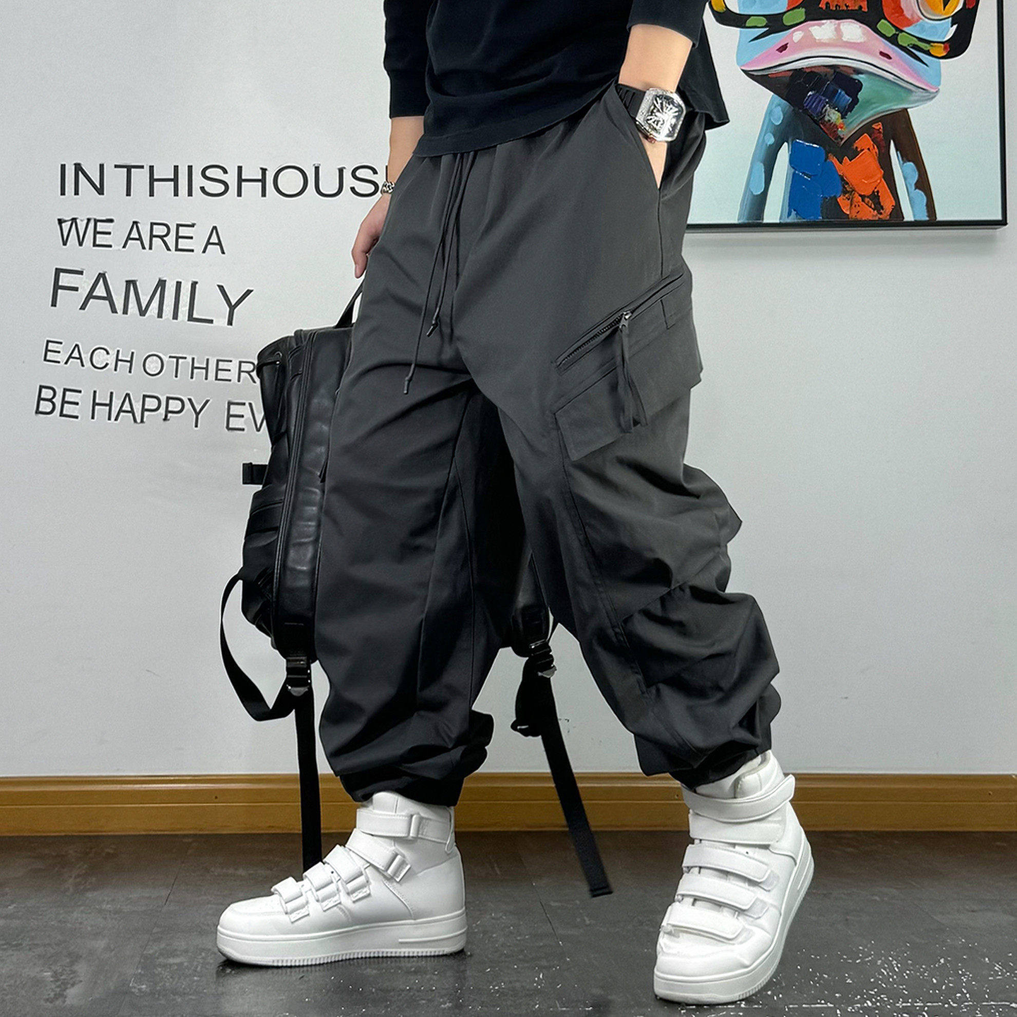 美式宽松抽绳束脚休闲裤男多口袋拉链装饰青年百搭工装裤男秋季款,男装,休闲裤,淘宝优惠券,粉丝福利购,淘宝优惠卷