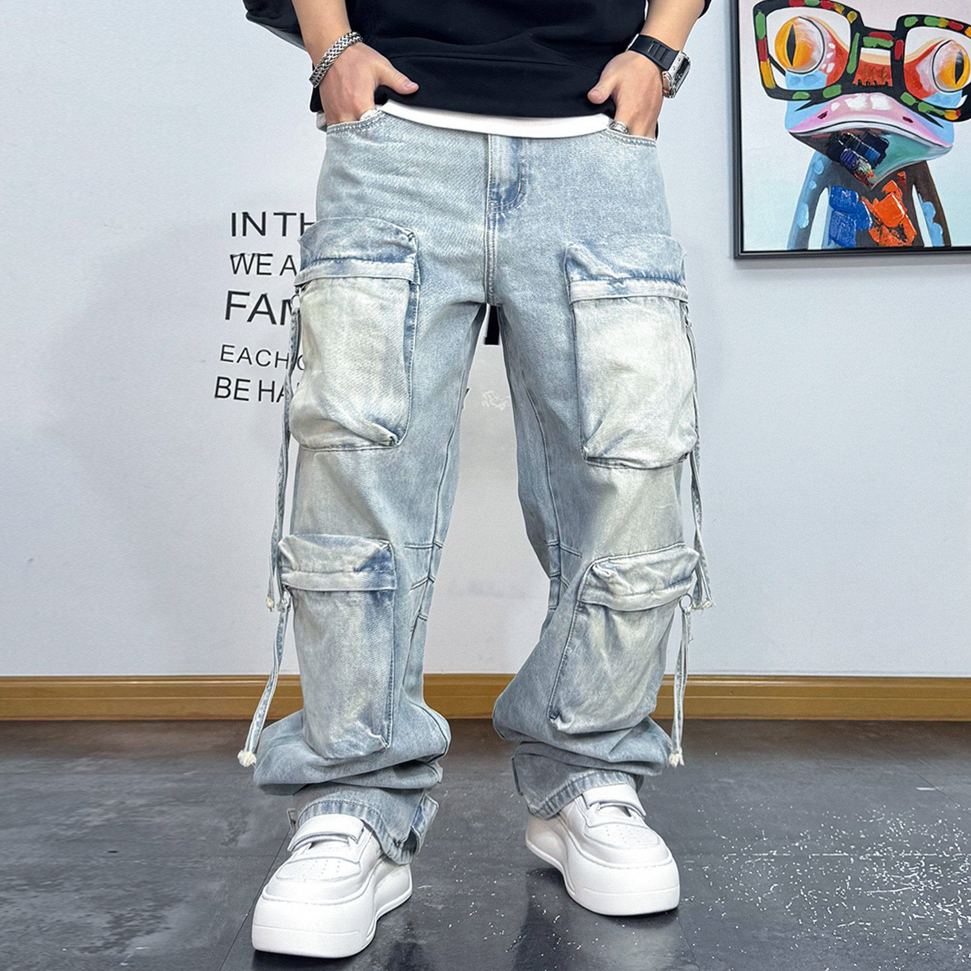 潮牌青年痞帅多口袋工装裤拉链挂绳宽松阔腿微喇直筒牛仔裤男春季,男装,牛仔裤,淘宝优惠券,粉丝福利购,淘宝优惠卷