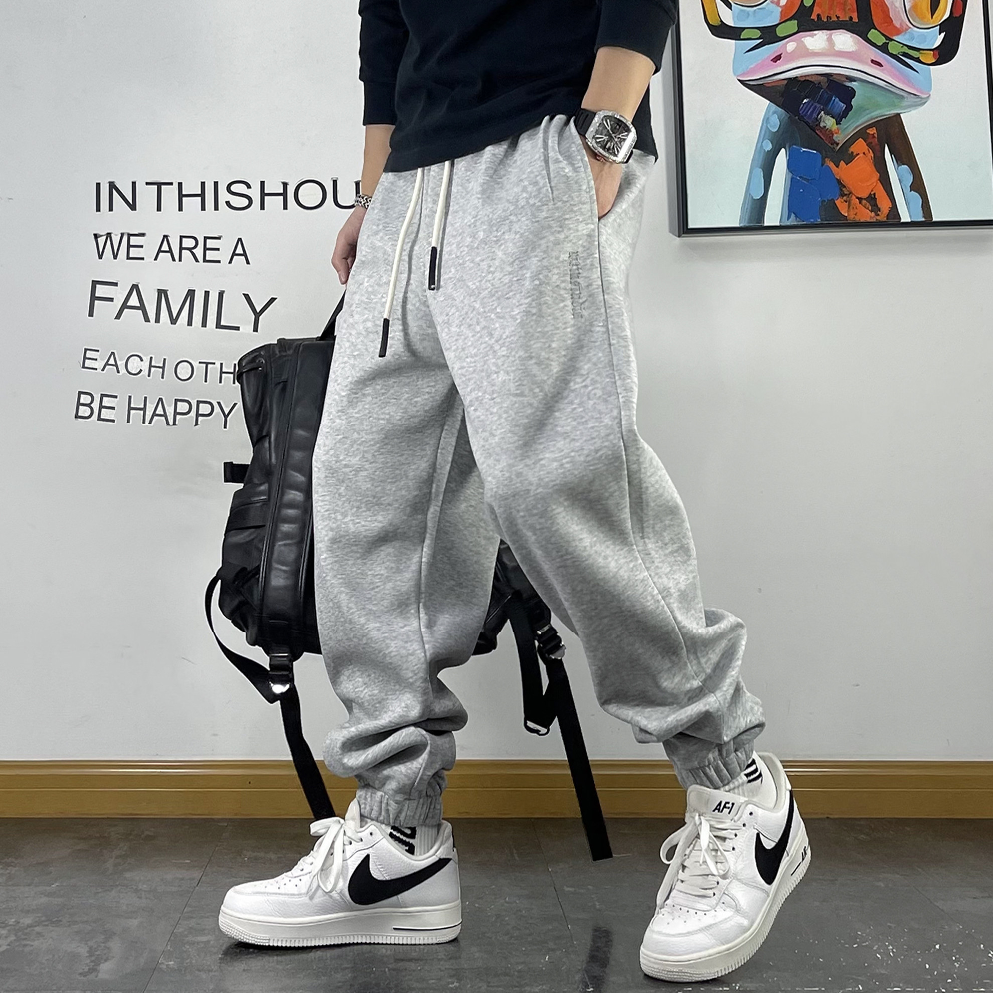 美式复古字母刺绣针织卫裤男春秋百搭休闲裤宽松小脚健身运动裤子