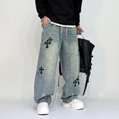 美式 刺绣十字架百搭抽绳哈伦裤 宽松水洗直筒牛仔裤 男2026春夏新款