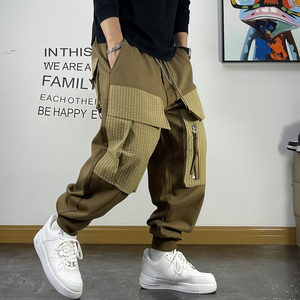 潮牌宽松束脚抽绳拉链装饰拼接大口袋工装裤秋季款健身运动卫裤男