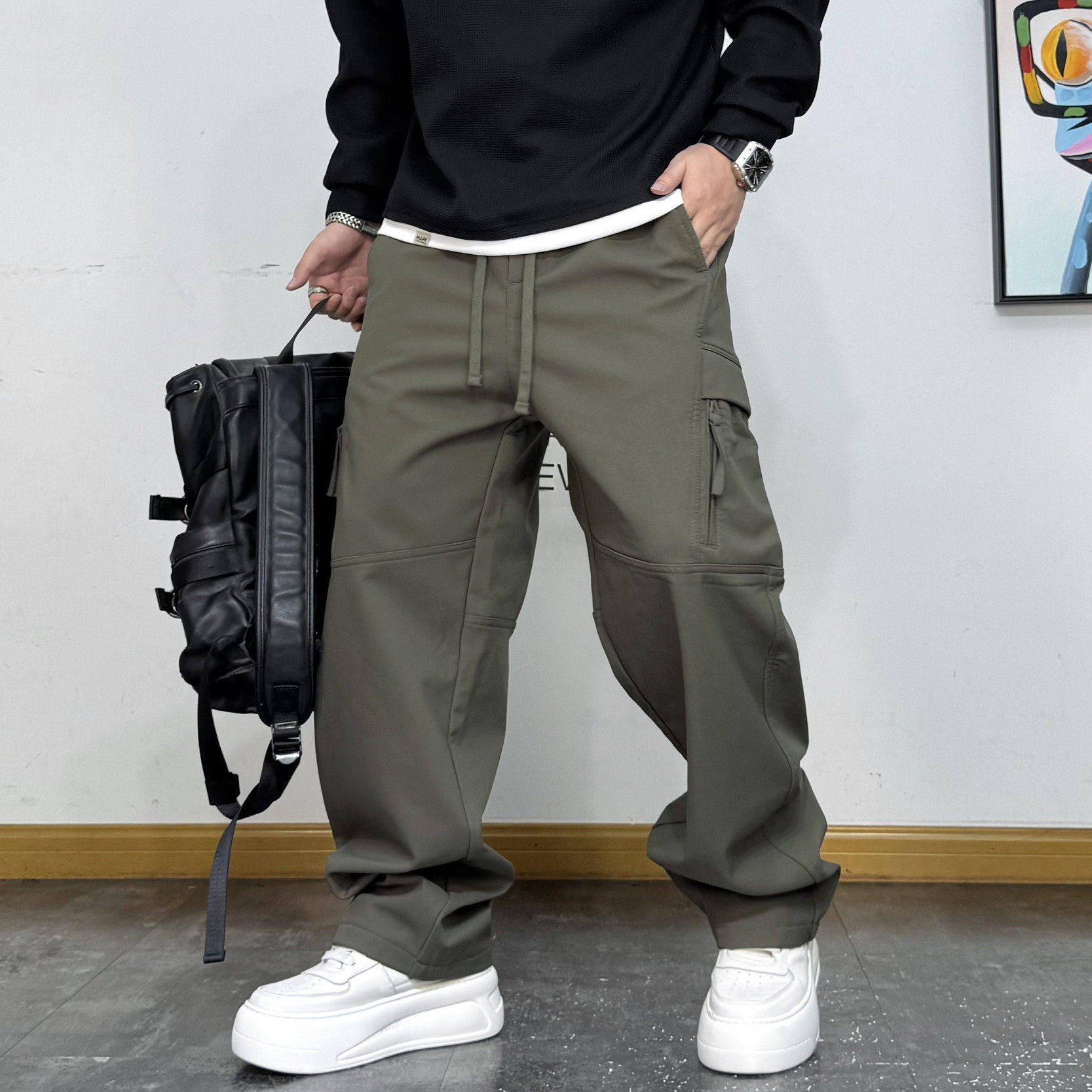 美式潮流大口袋休闲加绒百搭工装裤男秋冬新款抽绳简约直筒阔腿裤,男装,休闲裤,淘宝优惠券,粉丝福利购,淘宝优惠卷