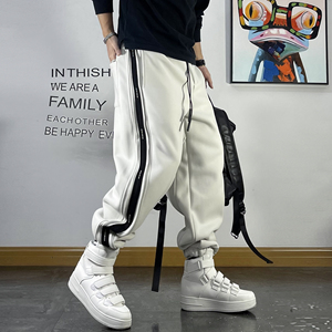 青年痞帅条纹拼接加绒卫裤男宽松小脚加厚运动裤冬季款潮流休闲裤