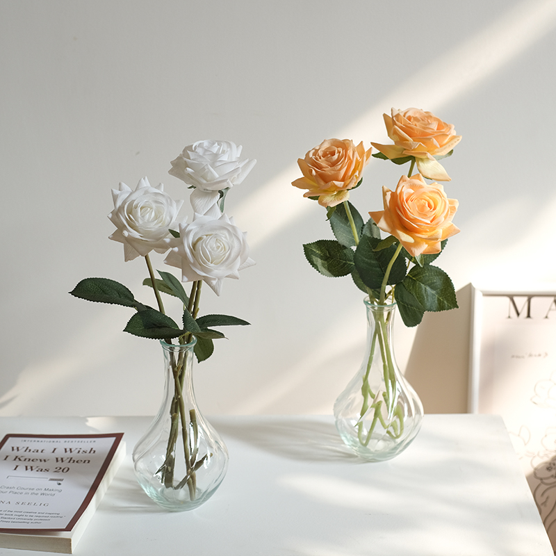 ins风仿真花玫瑰花插花瓶玻璃扭纹小花瓶桌面花束摆放假花装饰