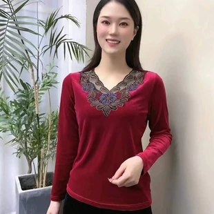 妈妈装 中年女士气质上衣 v领休闲减龄丝绒小衫 时尚 2022年春季 新款