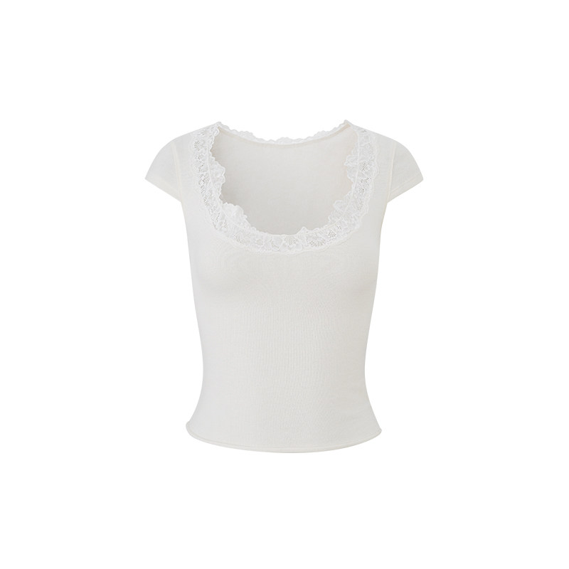 thumbnail for Bigking Daikin "Light Desire & Tipsy" Large U-neck lace edge short-sleeve T-shirt for women, slim fit pure desire top