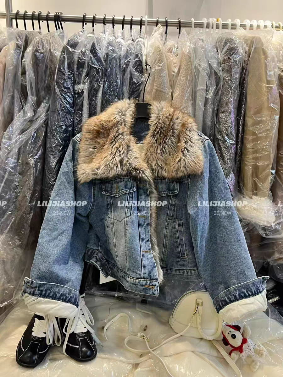 MH家 2025秋冬新款韩版时尚百搭宽松显瘦毛毛领牛仔夹棉外套女