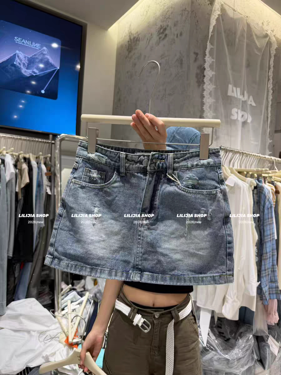 MH家 2026新款韩版时尚百搭显瘦磨破牛仔半身裙女辣妹短裙裙裤