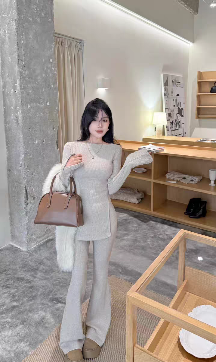 MH家 时尚秋冬套装修身斜领上衣加绒磨毛打底衫针织微喇叭长裤