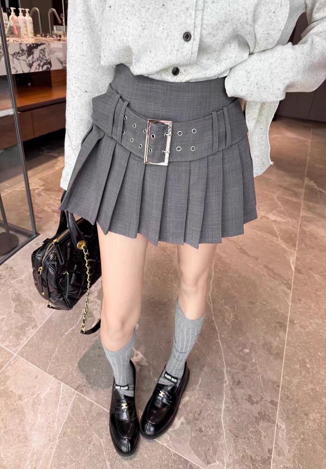 MH家 美式复古辣妹灰色半身裙女2026新款秋季高腰百褶短裙a字裙