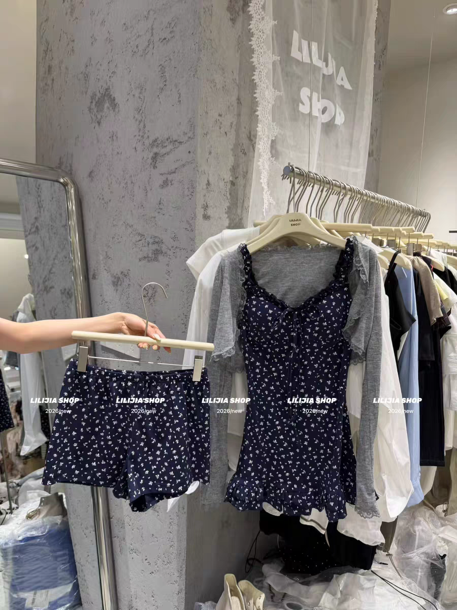 MH家 长袖开衫外套内搭碎花吊带连衣裙女夏季休闲裤短裤三件套
