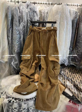 MH家 美式复古灯芯绒大口袋工装裤女秋冬宽松加绒阔腿显瘦长裤