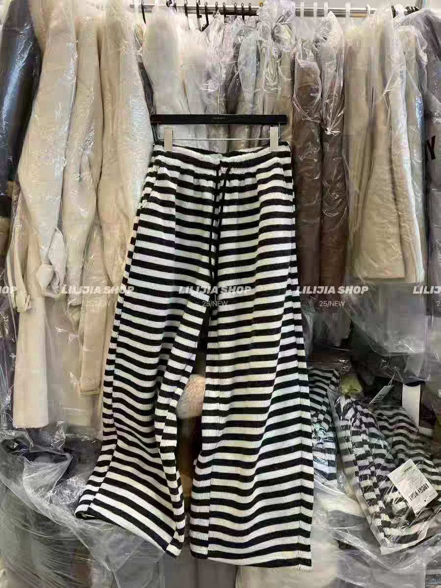 MH家 2025冬季新款经典撞色条纹松紧腰抽绳宽松加绒休闲裤女