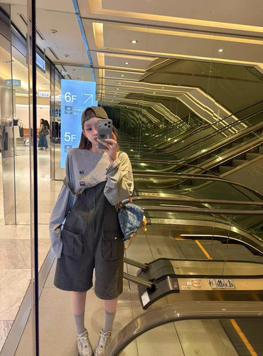 MH家 复古多口袋军绿色工装背带裤女秋季宽松慵懒风牛仔五分裤