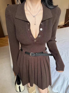 MH家 秋冬新款气质Polo领纽扣收腰显瘦长袖针织连衣裙女配腰带