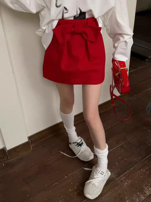 MH家 半身裙女2026春季新款韩版高腰显瘦百搭时尚蝴蝶结A字裙