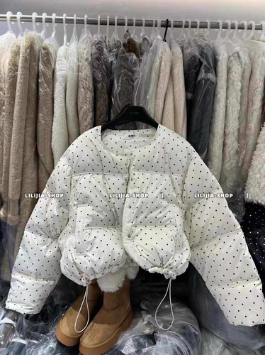 MH家 2025冬新款波点白鸭绒羽绒棉服女小个子宽松短款百搭面包服