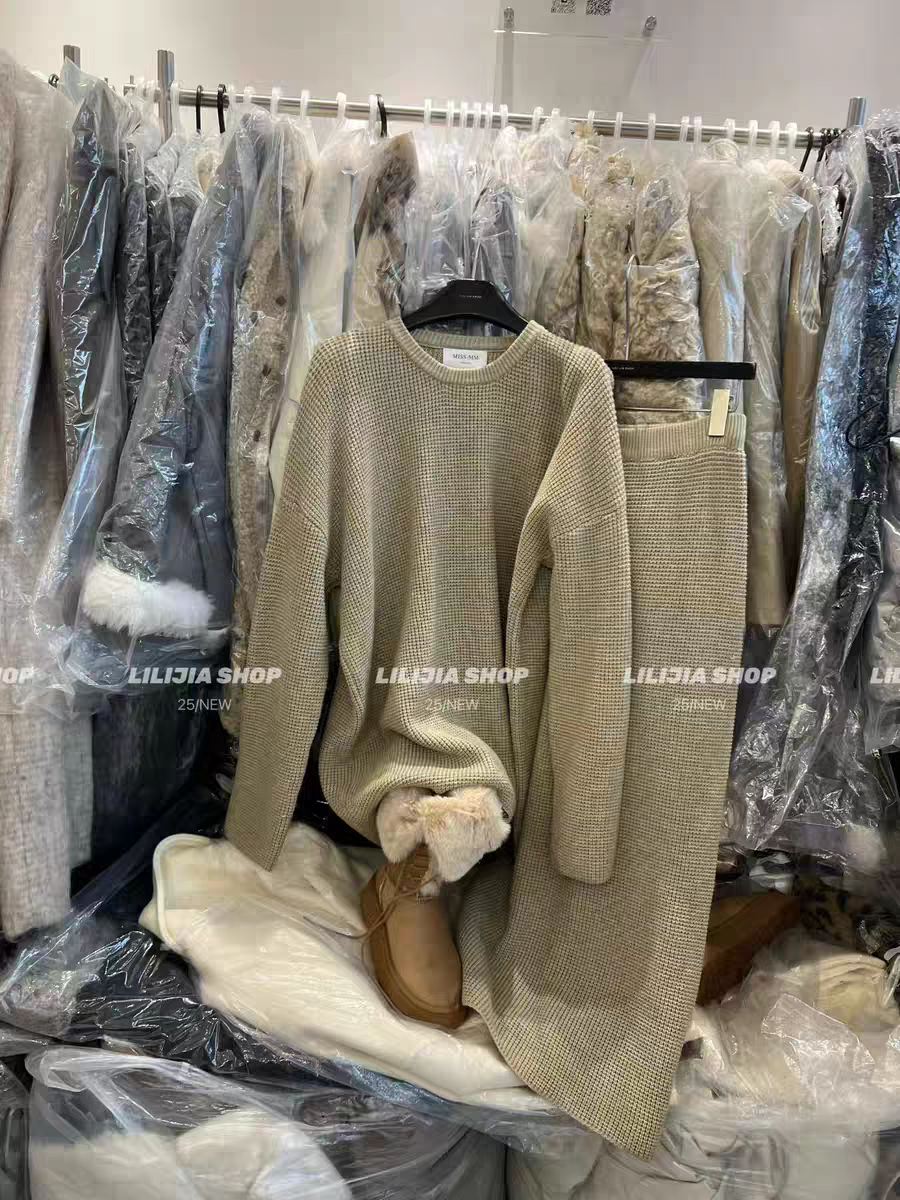 MH家 2025秋冬新款韩版宽松显瘦百搭针织衫+高腰半身裙两件套女