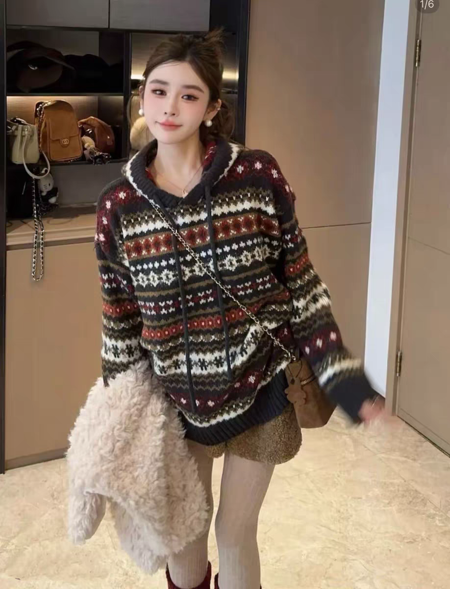 MH家 2025秋冬韩版宽松百搭连帽长袖针织衫女提花套头毛衣上衣