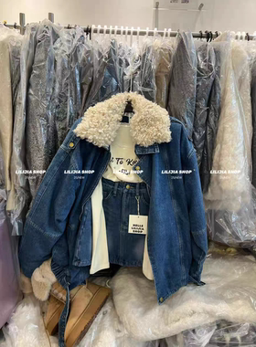 MH家 韩版复古设计感小众长袖羊羔毛领牛仔外套+短裙两件套套装