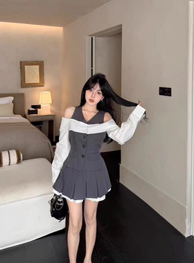 MH家 2026春新款撞色设计感漏肩衬衫拼接上衣女百褶半身裙套装