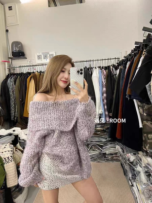 MH家 2025秋季新款韩版时尚百搭显瘦宽松一字肩针织衫加厚毛衣