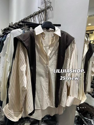 MH家 2025秋新款韩版时尚百搭显瘦咖色条纹衬衫女韩版宽松上衣