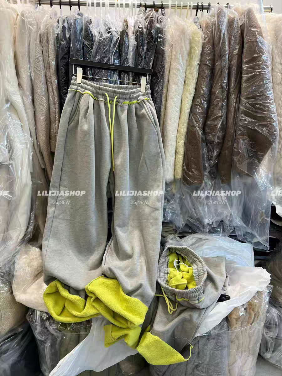 MH家 2025秋冬韩版时尚百搭宽松显瘦拼色抽绳加绒休闲裤卫裤女