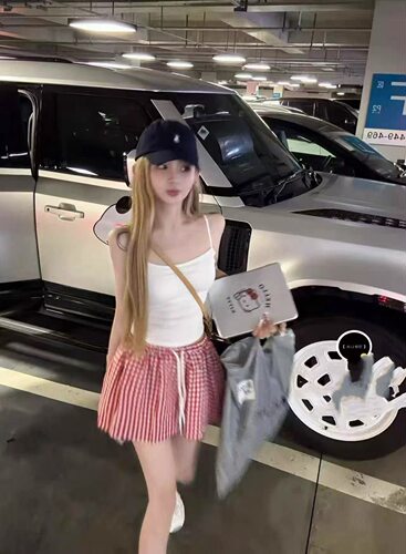 MH家  2026夏季新款韩版洋松紧腰抽绳洋气高腰千鸟格蛋糕裙女潮