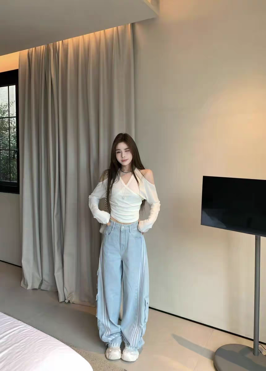 MH家 条纹拼接美式直筒牛仔裤女高腰宽松浅蓝色工装裤遮肉长裤