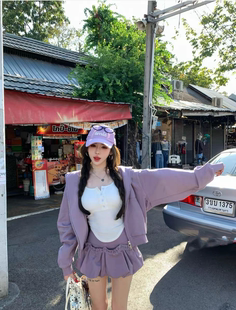 MH家 紫色甜酷连帽长袖开衫卫衣女小个子花苞短裙两件套套装