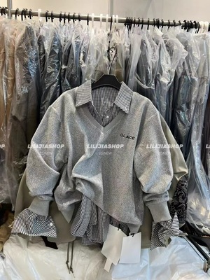 MH家 美式复古灰色V领卫衣女秋季2025新款加绒慵懒风宽松上衣