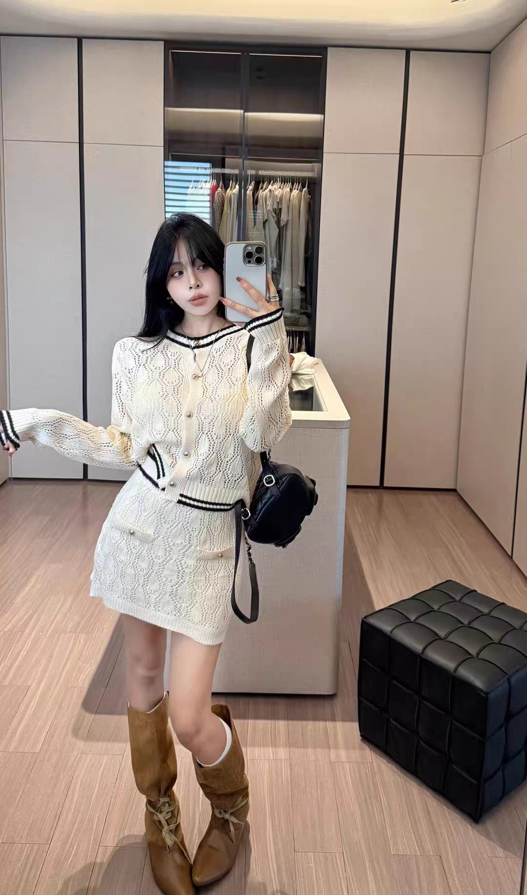MH家 小香风撞色针织套装女2026秋开衫半身裙两件套千金感穿搭