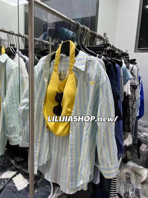 MH家 韩系背后字母宽松条纹衬衫女防晒开衫挂脖胸垫背心两件套