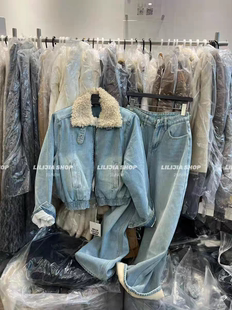 MH家 韩版羊羔毛领羽绒牛仔外套女+高腰直筒拖地牛仔裤2025套装