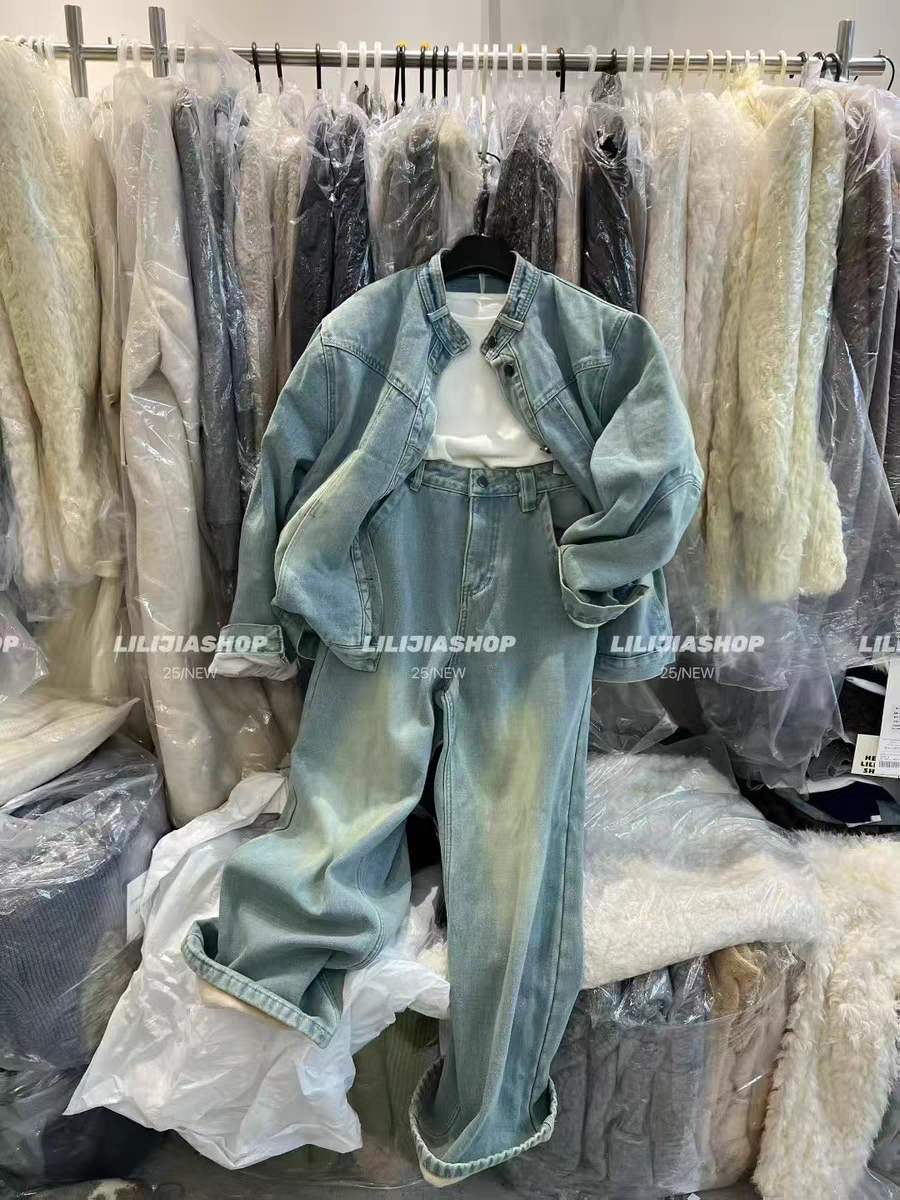 MH家 2025秋冬韩版时尚百搭宽松立领加绒牛仔外套阔腿裤套装女