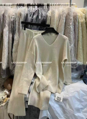 MH家 2025秋冬韩版时尚百搭宽松V领显瘦针织衫+阔腿裤时尚套装