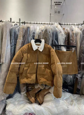 MH家 2025冬季新款洋气翻领灯芯绒宽松羽绒外套短裙套装女潮