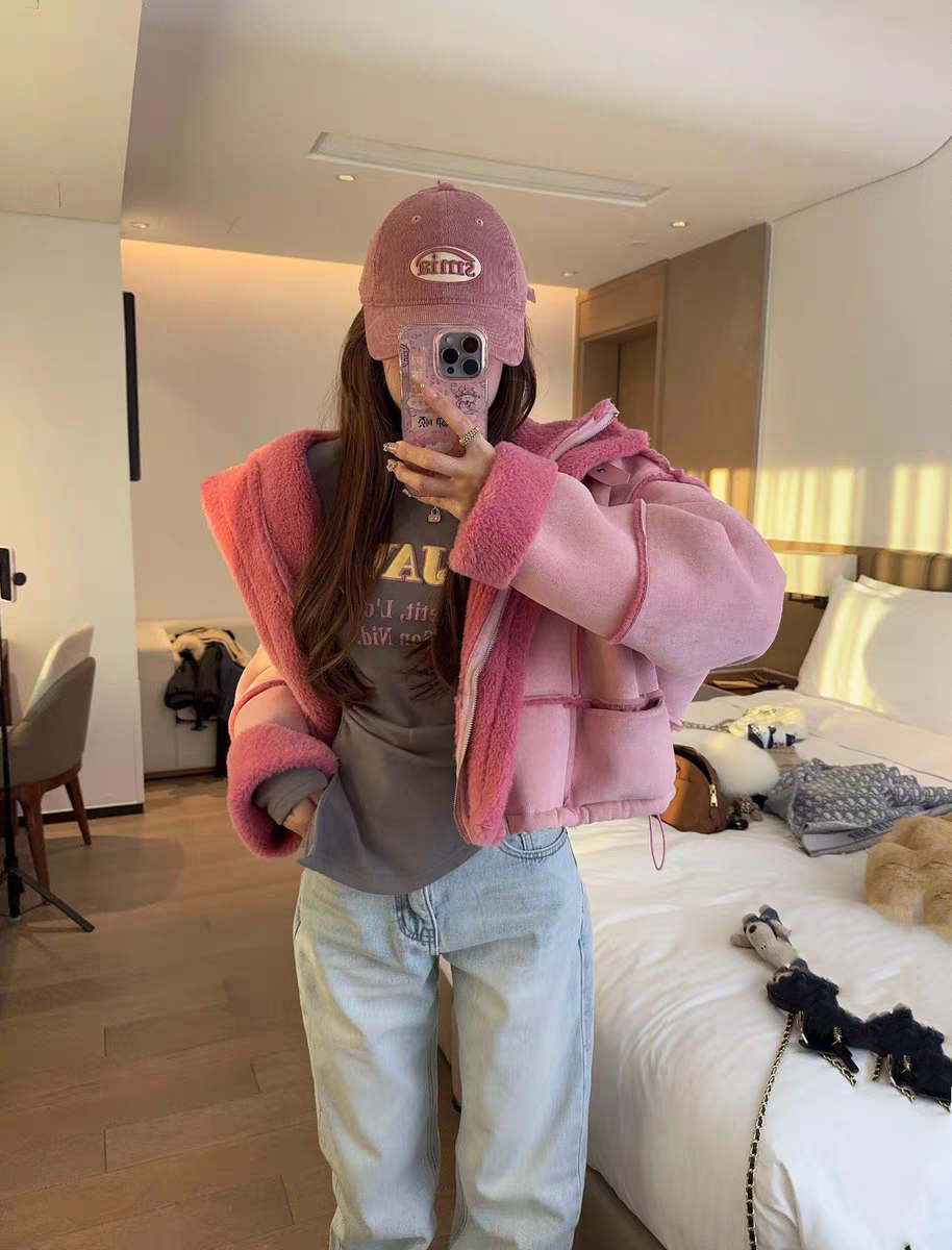 MH家 2025冬韩版宽松立领洋气加厚保暖皮毛一体机车服短外套