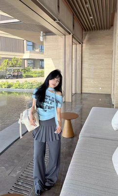 MH家 2026春季新款韩版时尚百搭显瘦设计感字母印花短袖飘带t恤