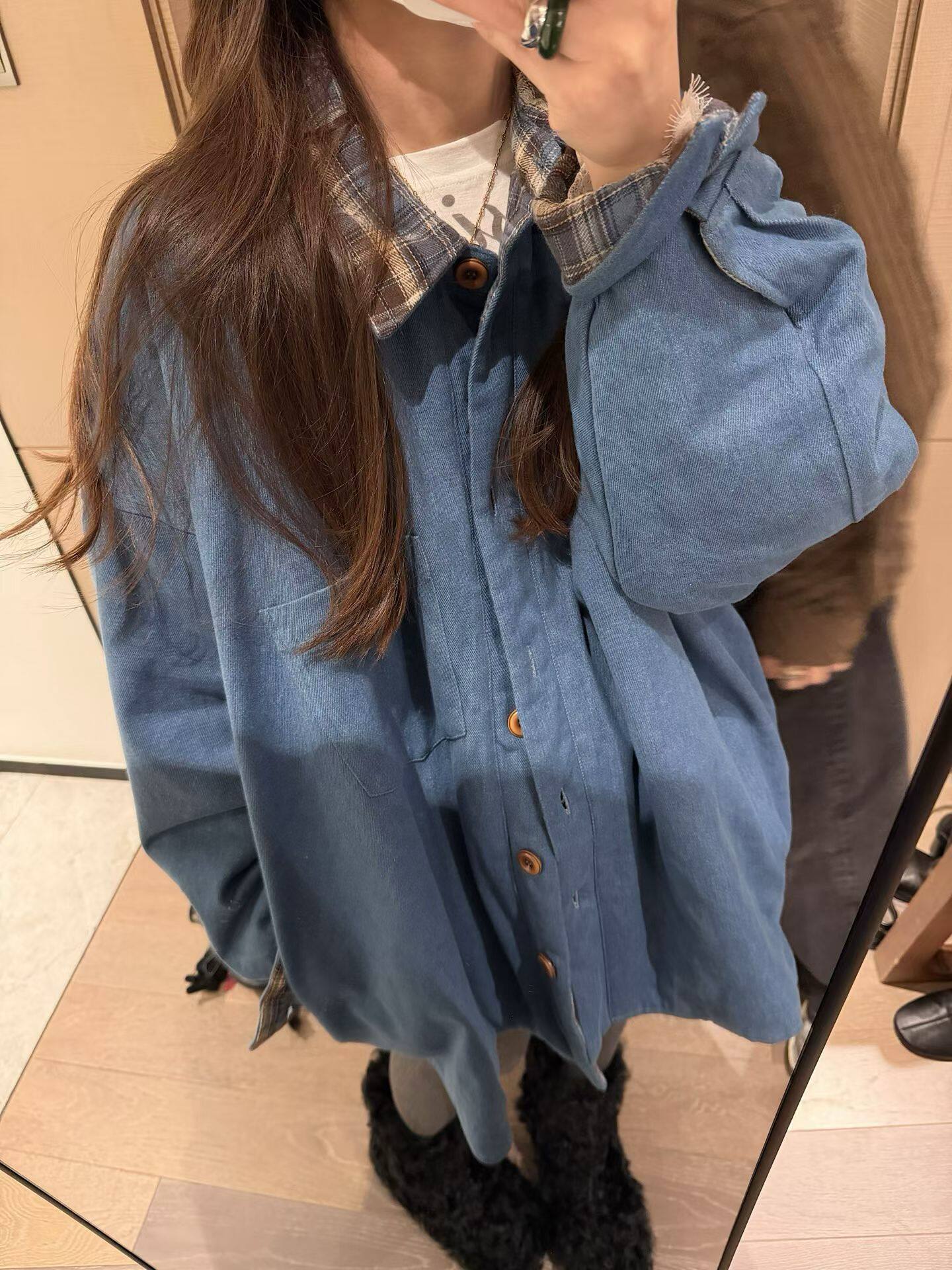 MH家 复古蓝色格纹双面穿牛仔棉衣女秋冬宽松慵懒加厚休闲外套