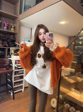 MH家 春秋美式慵懒风麻花针织连帽毛衣女宽松百搭多巴胺毛衫