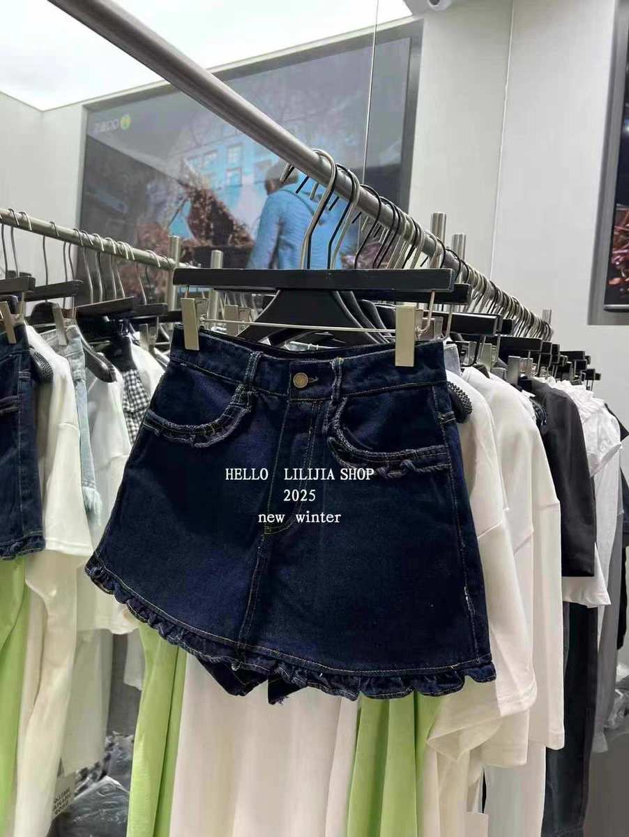 MH家 2025夏季新款韩版高腰深蓝色木耳边显瘦a字牛仔裙裤女