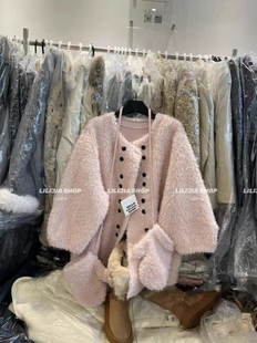 MH家 粉色慵懒皮毛一体中长款保暖毛毛外套女冬新款配毛毛手套